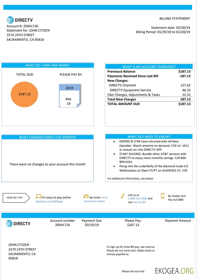 USA California Directv utility bill template in Word and PDF format, good for address prove